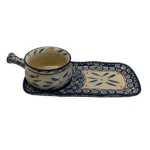 Temptations Old World Blue Handled Bowl  and Tray Soup and Sandwich Stoneware